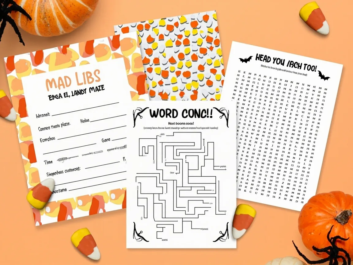 Ćwiczenia na Halloween do wydrukowania: Mad Libs i labirynt z kukurydzy cukrowej do druku oraz wyszukiwanie słów